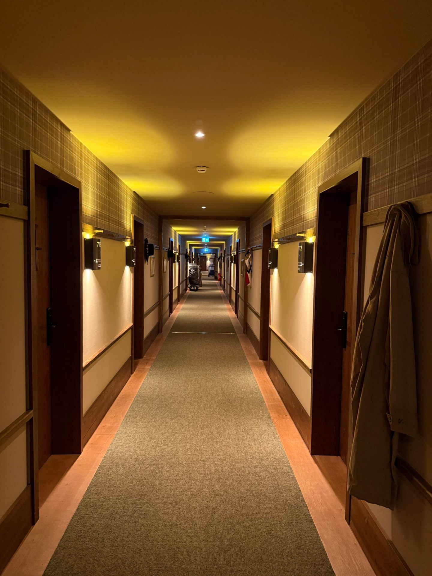 Riverside Lodge – Hotelflur mit Karo-Tapete und Western-Atmosphäre